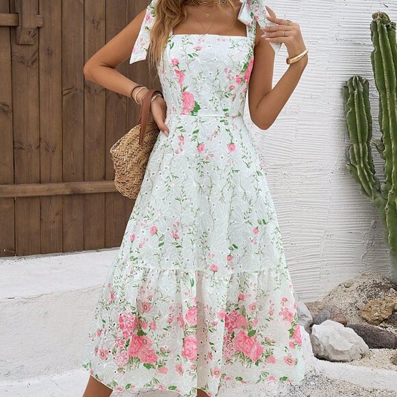 White Boho Women's Floral Square Neckline Ruffle Hem Spaghetti Strap Maxi Dress - Picture 5 of 6